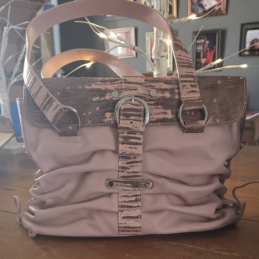 Pink Sondra Roberts Pink Leather & Lizard-Embossed Bag